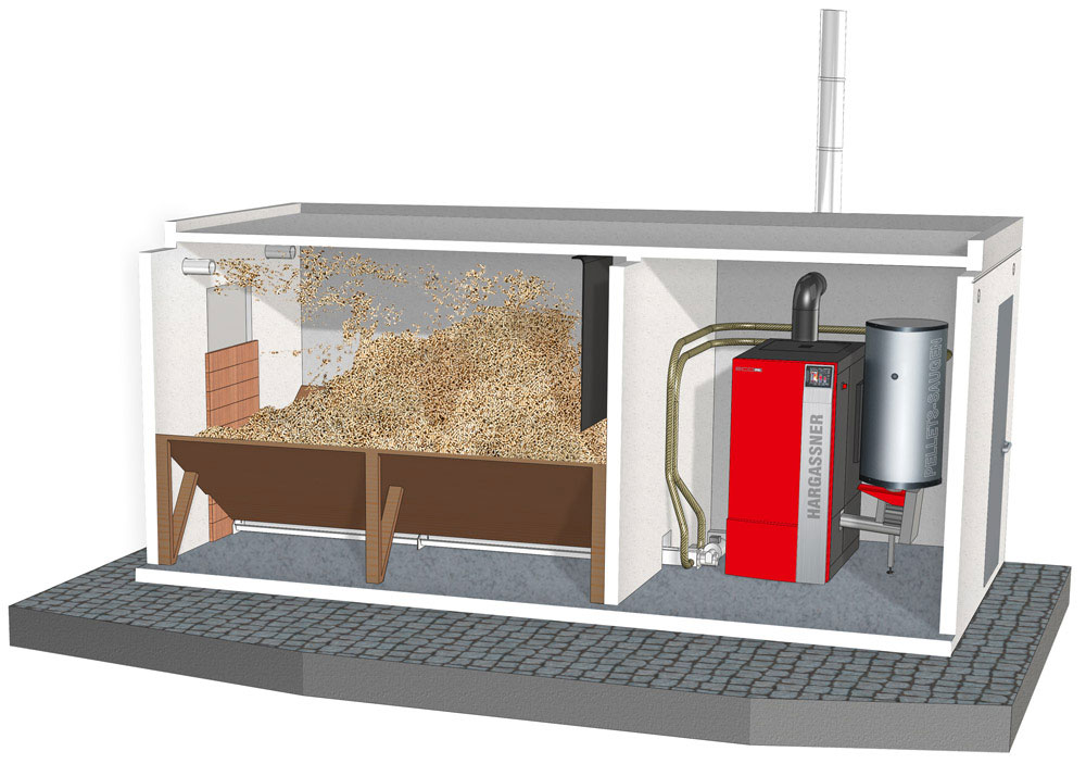 Eine schematische Darstellung eines Pellet-Heizsystems, das in einem speziellen Container installiert ist. Der Container ist in zwei Hauptbereiche unterteilt: Auf der linken Seite befindet sich ein großes Lager für Holzpellets, das fast vollständig gefüllt ist. Die Pellets werden über ein Fördersystem, das durch ein Rohr in die rechte Kammer führt, zur Heizungsanlage transportiert. In der rechten Kammer steht eine rote Hargassner-Heizanlage, die die Pellets zur Wärmeerzeugung nutzt. Neben der Heizanlage ist ein runder, metallischer Pufferspeicher installiert. Der Boden des Containers ist mit grauen Pflastersteinen ausgelegt.