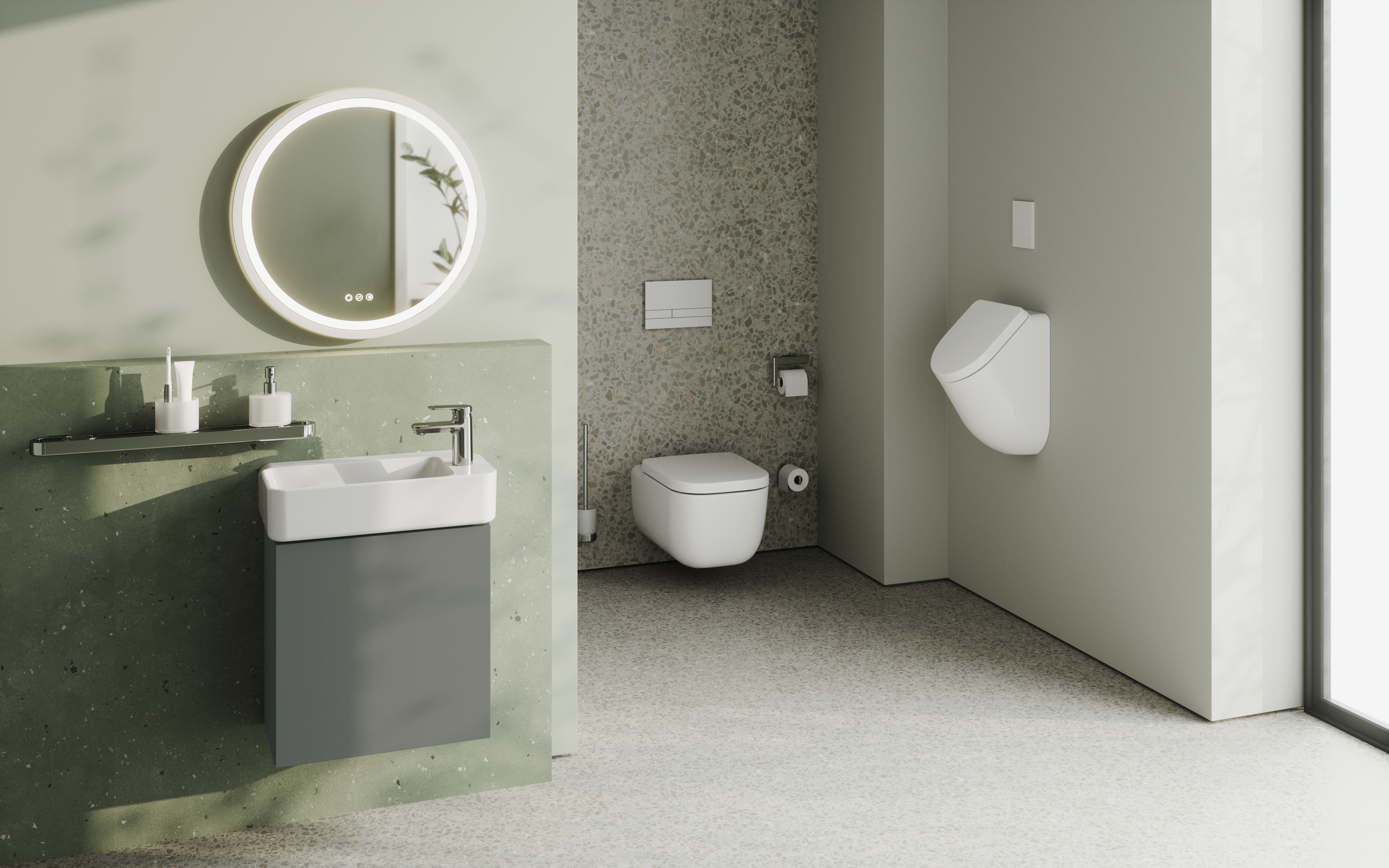 Eine moderne, rechteckige Badewanne in einem minimalistischen Badezimmer. Die Wände und der Boden sind mit Terrazzo-Fliesen verkleidet, und die Armaturen aus Chrom sind an der Wand montiert. Eine grüne Pflanze steht dekorativ im Hintergrund.