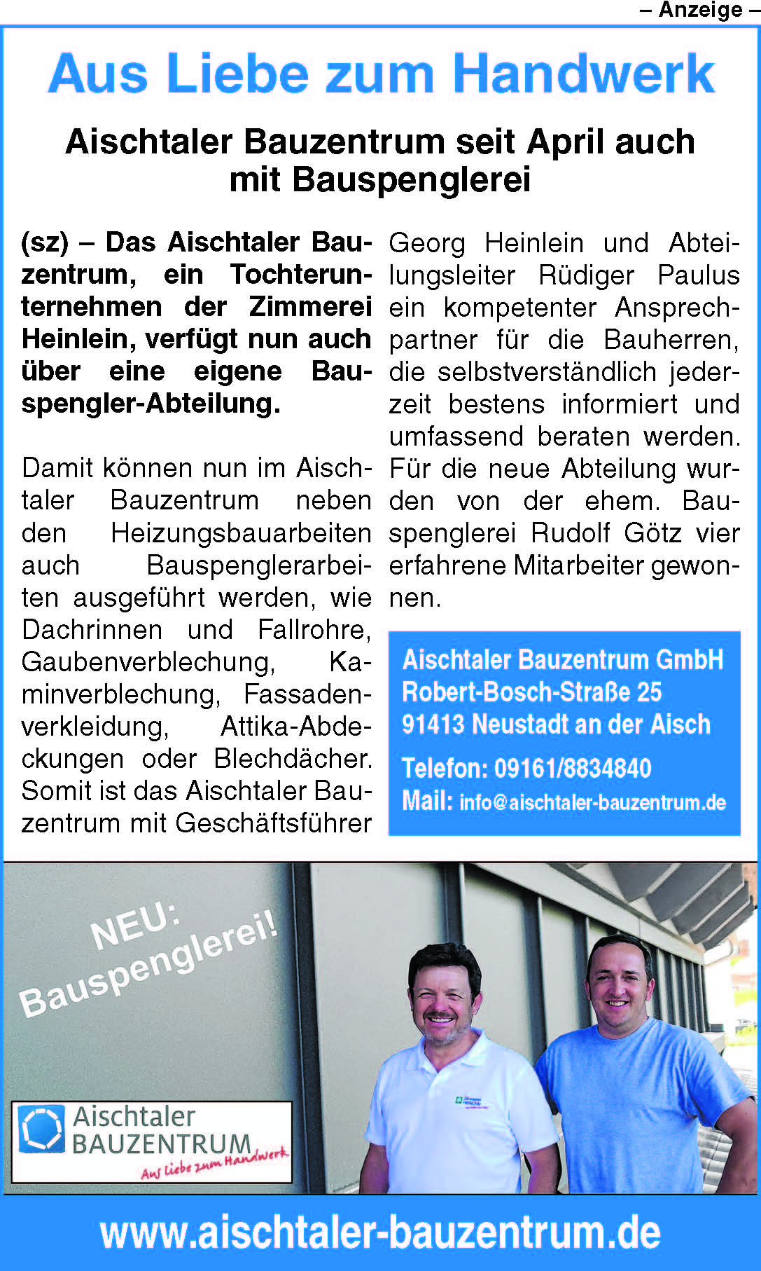 Anzeige des Aischtaler Bauzentrums zur neuen Bauspenglerei-Abteilung, mit Kontaktdaten und Bild von Georg Heinlein und Rüdiger Paulus.